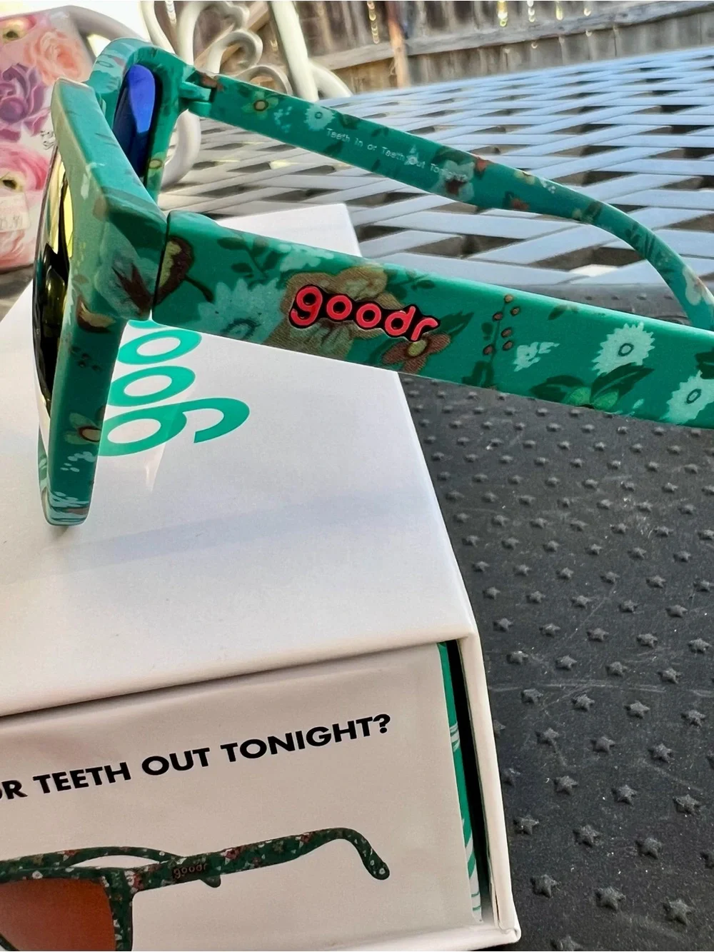 Retired Goodr Sunglasses - Teal Floral w/ Orange Mirrored Lenses - Picture 3 of 5